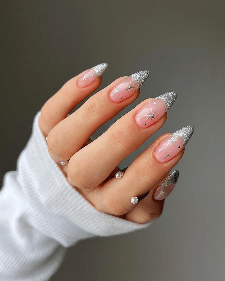 Sheer Pink Silver Star Glitter Stilettos Sheer Pink Silver Star Glitter Stilettos — Winter Stiletto Nails