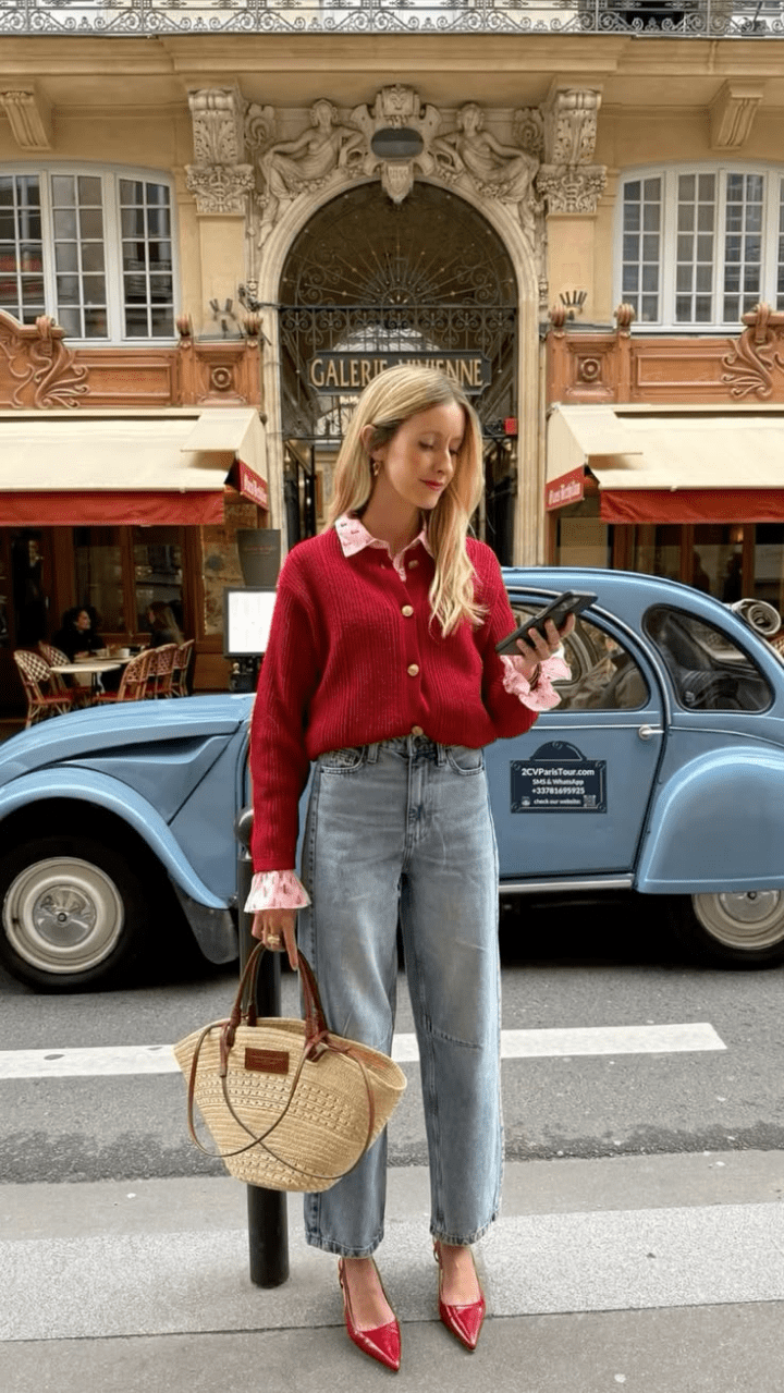 Smart Casual Layering: Red Cardigan Meets Blouse — Cardigan Outfits