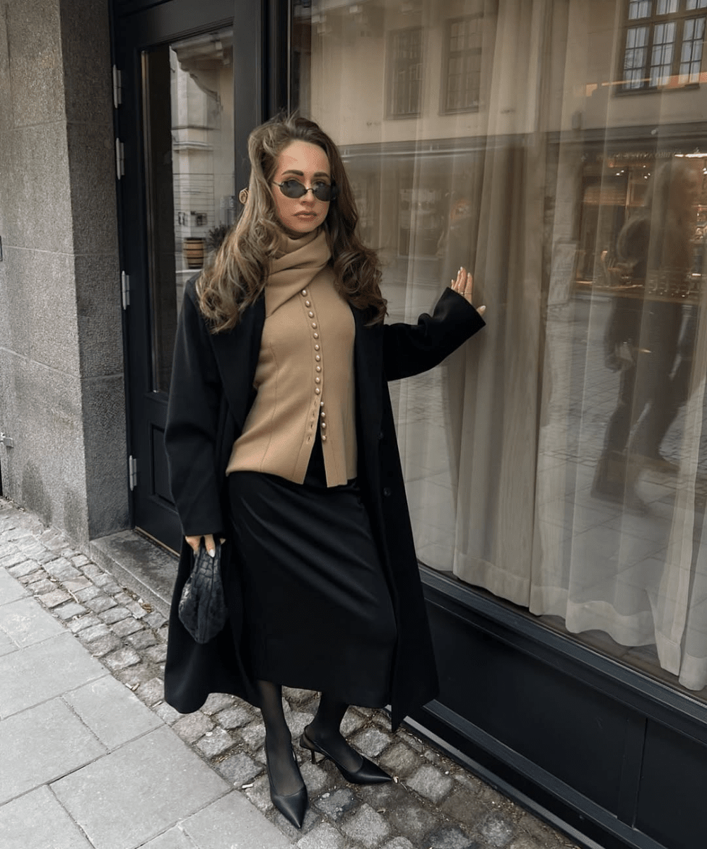Elegant Black Wool Coat with Satin Skirt and Knitwear — Black Coat Outfits