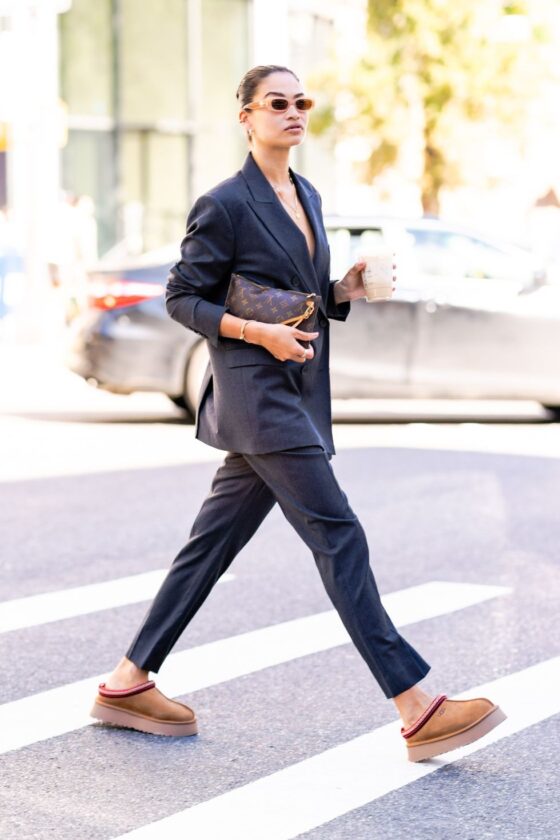Business Casual with Wide-Leg Trousers and Ugg Slippers — Ugg Boots Outfits