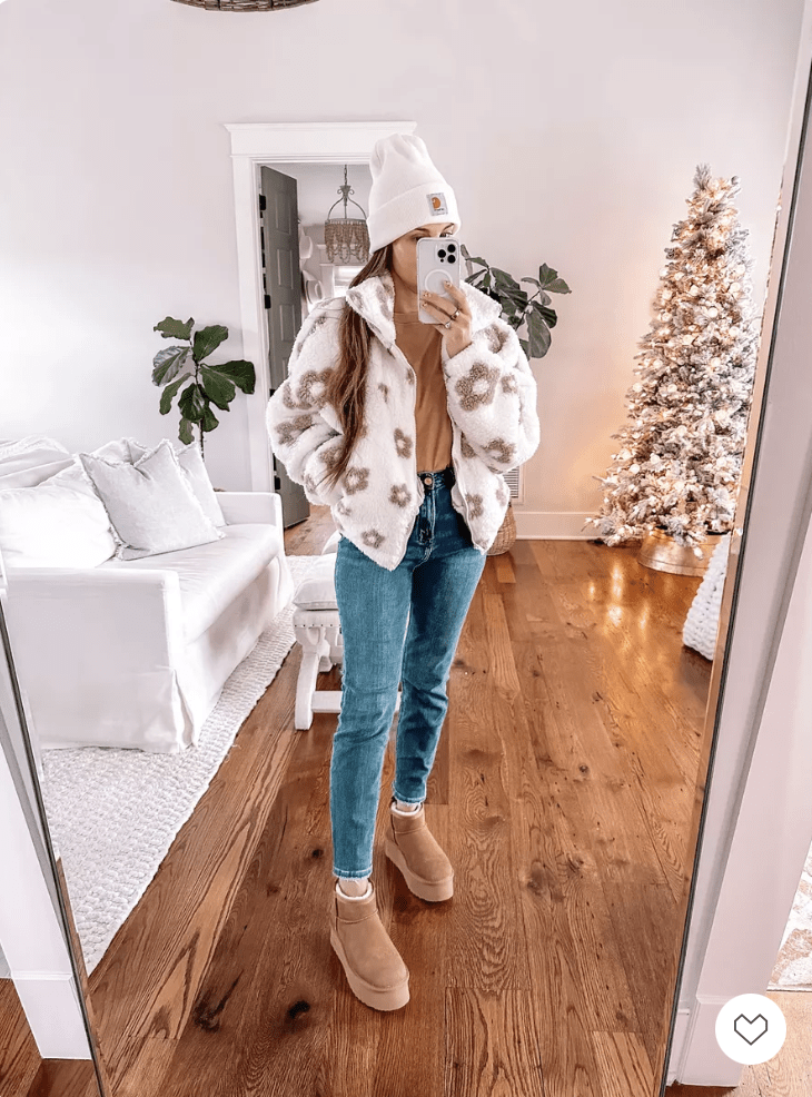 Casual Winter Look with a White Beanie and Floral Teddy Jacket — Beanie Outfits