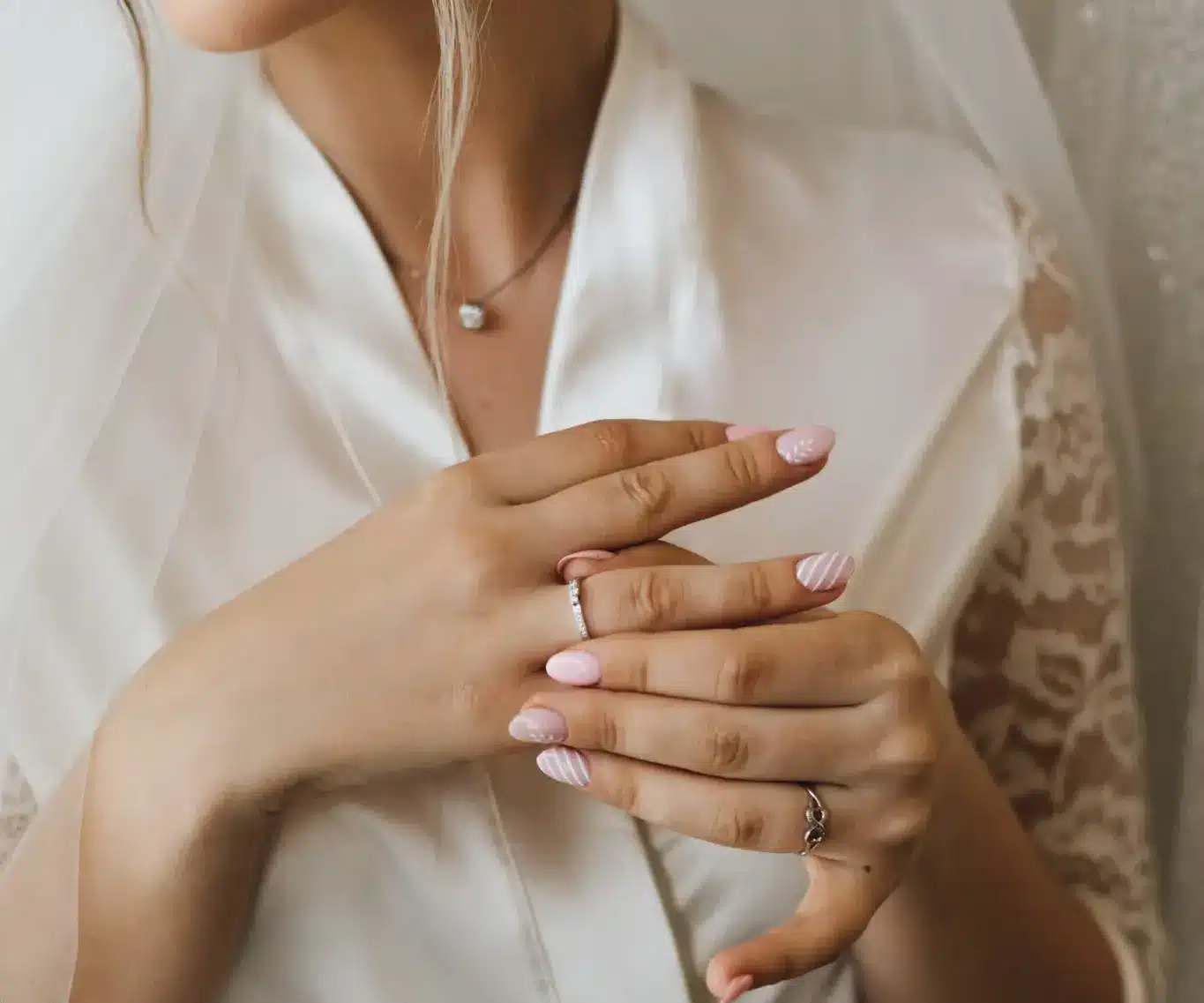 Short Oval Pale Pink with White Stripes Short Oval Pale Pink with White Stripes — Winter Wedding Nails