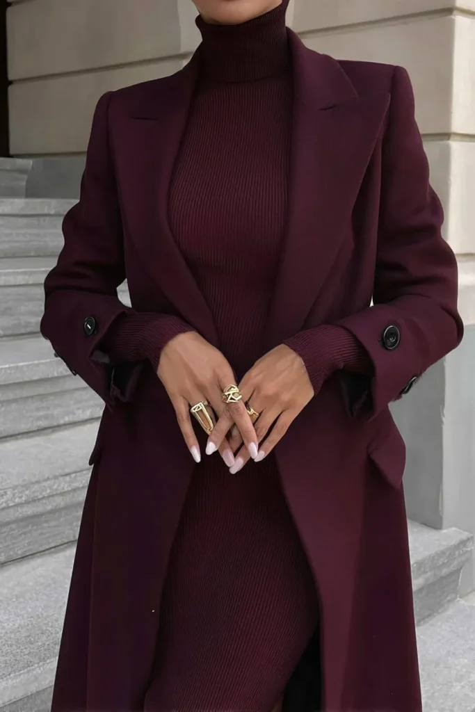 Chic Burgundy Knit Dress and Blazer for Cooler Days — Fall to Winter Outfits