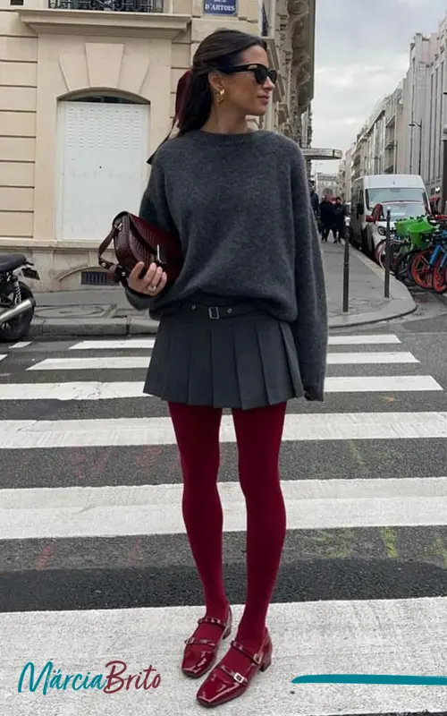 Red Opaque Tights with an Oversized Sweater and Mini Skirt Red Opaque Tights with an Oversized Sweater and Mini Skirt — Tights Outfits