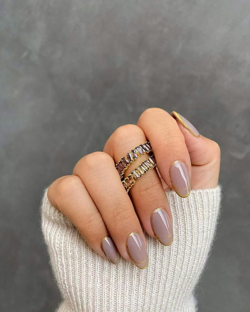 Muted Taupe with Gold Line Accent Muted Taupe with Gold Line Accent — Classy Winter Nails