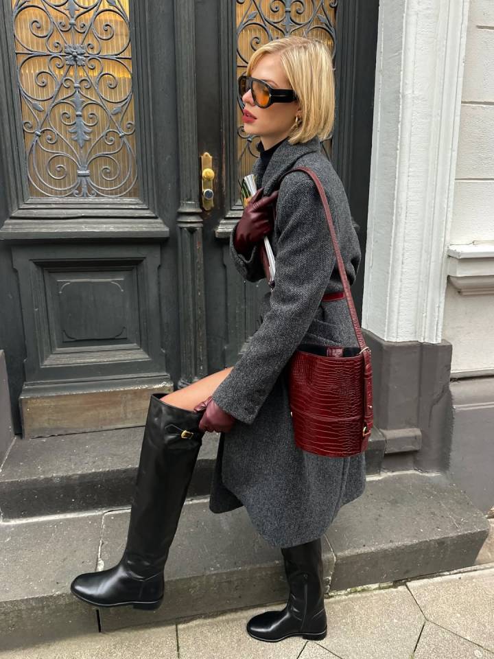 Autumnal Chic with Grey Coat and Burgundy Accents — Knee High Boots Outfits