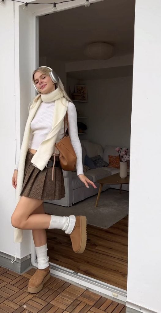 Cozy Plaid Mini Skirt Outfit with White Ribbed Leg Warmers — Leg Warmers Outfits