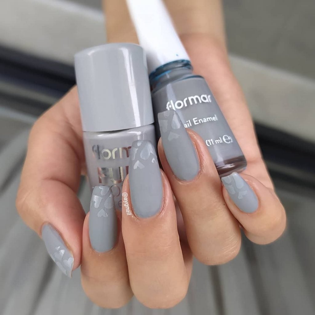 Matte Gray with Subtle Hearts — Winter Gray Nails