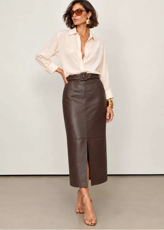 Brown Leather Pencil Skirt with Silk Blouse and Gold Accessories — Leather Skirt Outfits