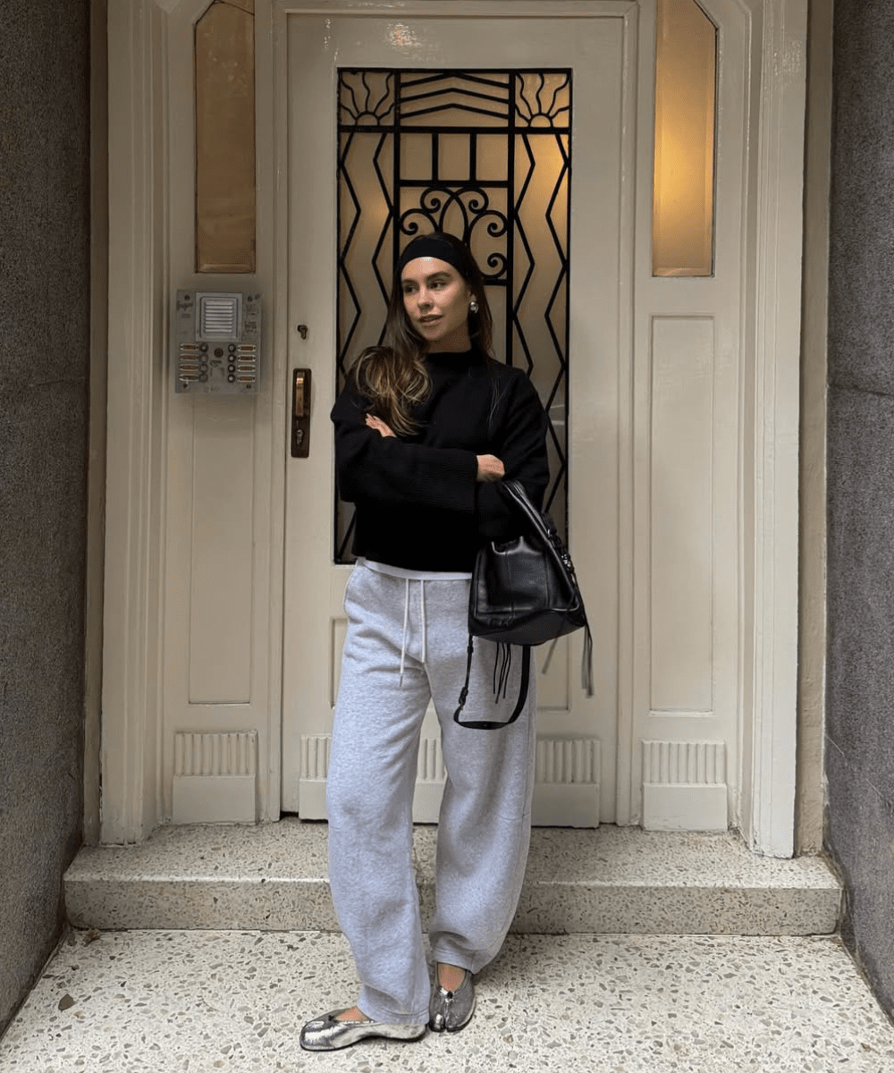 Grey Sweatpants with Metallic Ballet Flats — Sweatpants Outfits