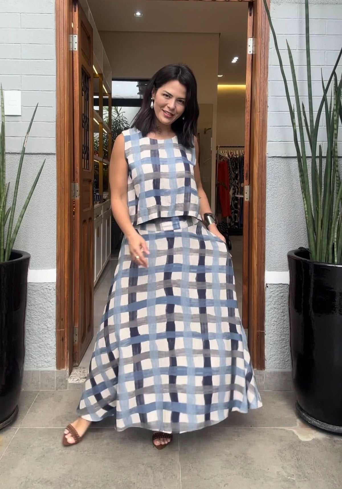 Blue, Grey, and White Plaid Crop Top and Maxi Skirt — Loungewear Outfits