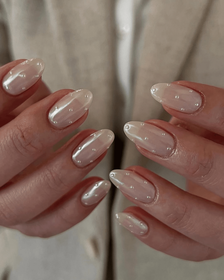 Milky White Pearl Embellished Almond — Medium Length Winter Nails