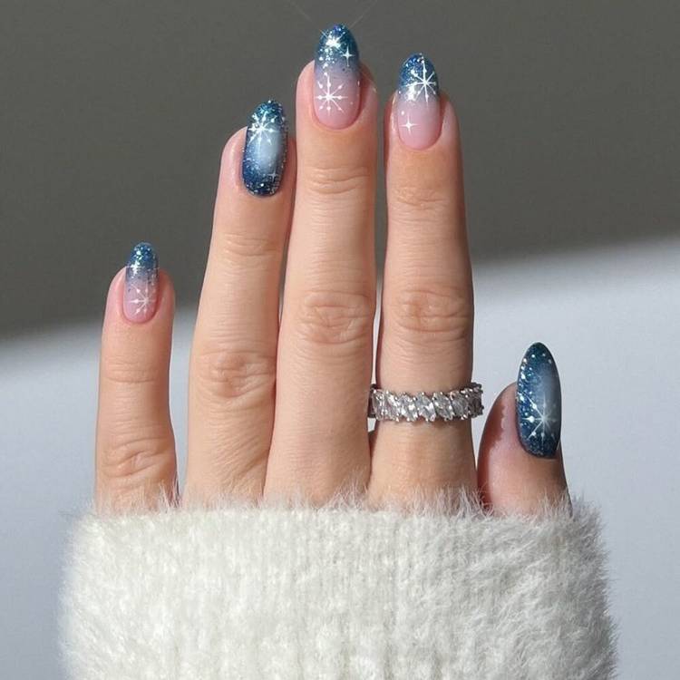 Nude Deep Blue Glitter Ombre Snowflake Medium Almonds Nude Deep Blue Glitter Ombre Snowflake Medium Almonds — Winter Glitter Nails