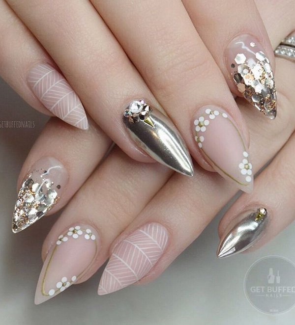 Silver Chrome Accents on Nude Pink Stilettos Silver Chrome Accents on Nude Pink Stilettos — Winter Chrome Nails