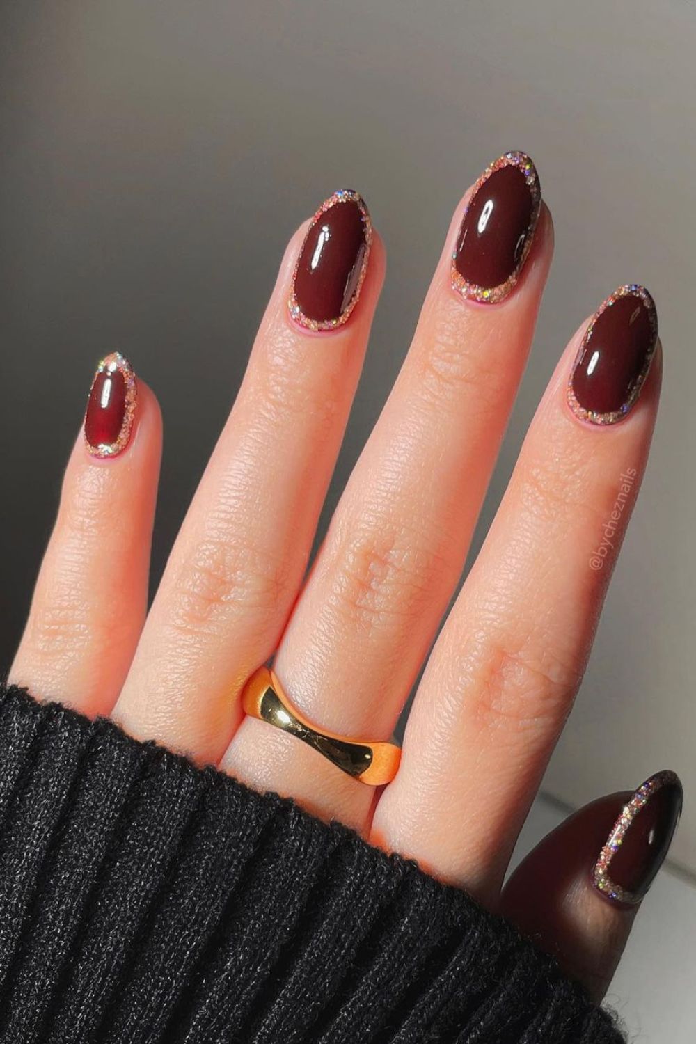 Burgundy with Subtle Cuticle Glitter Accent Burgundy with Subtle Cuticle Glitter Accent — Winter Nail Colors for Women Over 50