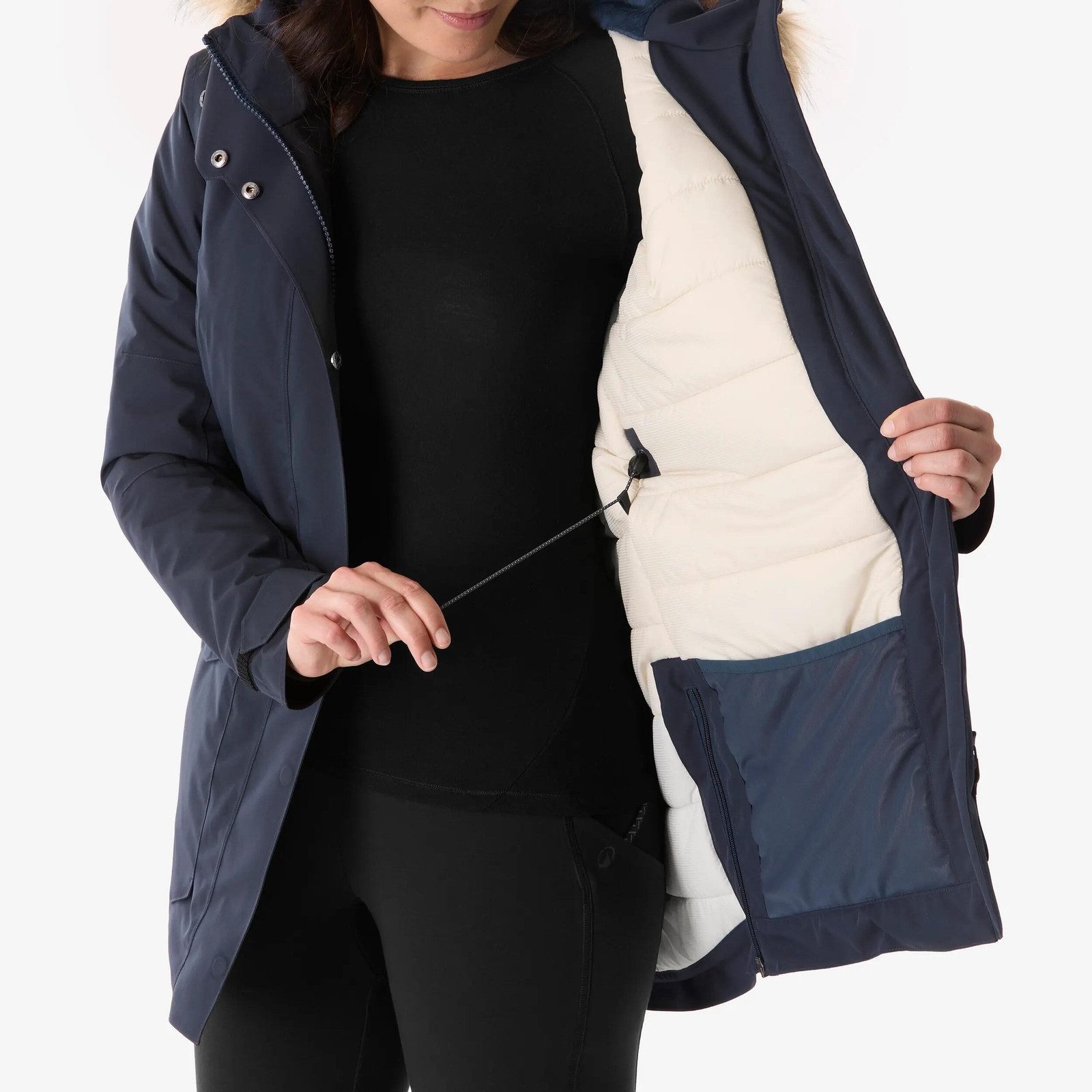 Dark Blue Winter Parka with Cream Lining for Cold Weather — Winter Hiking Outfits