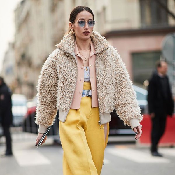 Cream Teddy Jacket with Bright Yellow Trousers for a Bold Contrast — Teddy Coat Outfits