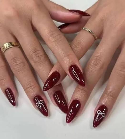 Black Cherry Stilettos with White Bows — Black Cherry Nails