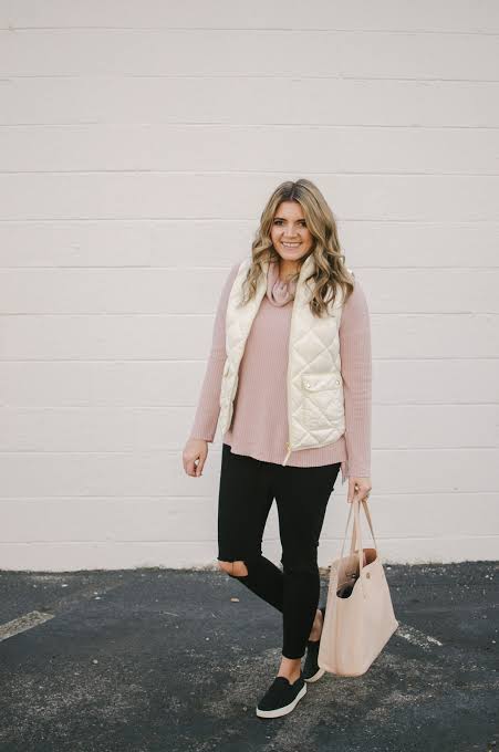 Black Slip-On Sneakers Outfit Idea — Puffer Vest Outfits