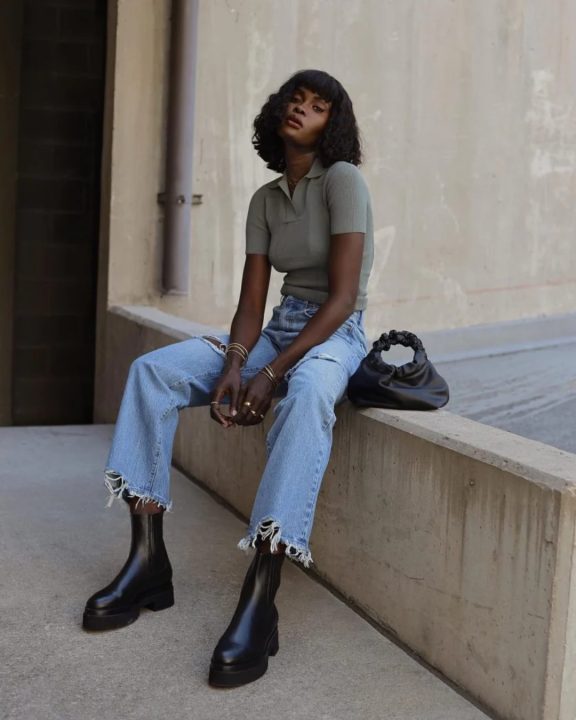 Chunky Sole Boots: Ripped Jeans and Fitted Polo Ease Chunky Sole Boots: Ripped Jeans and Fitted Polo Ease — Chelsea Boots Outfits