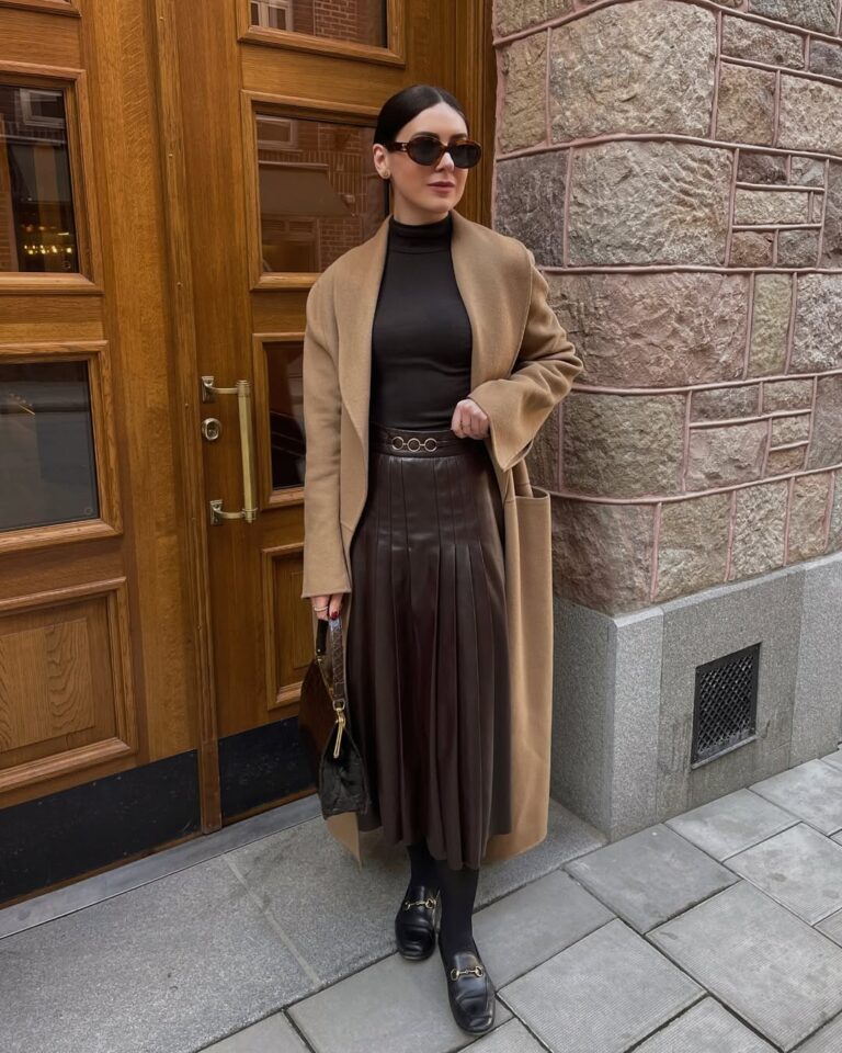 Camel Coat Over a Turtleneck and Pleated Faux Leather Skirt — Casual Winter Outfits