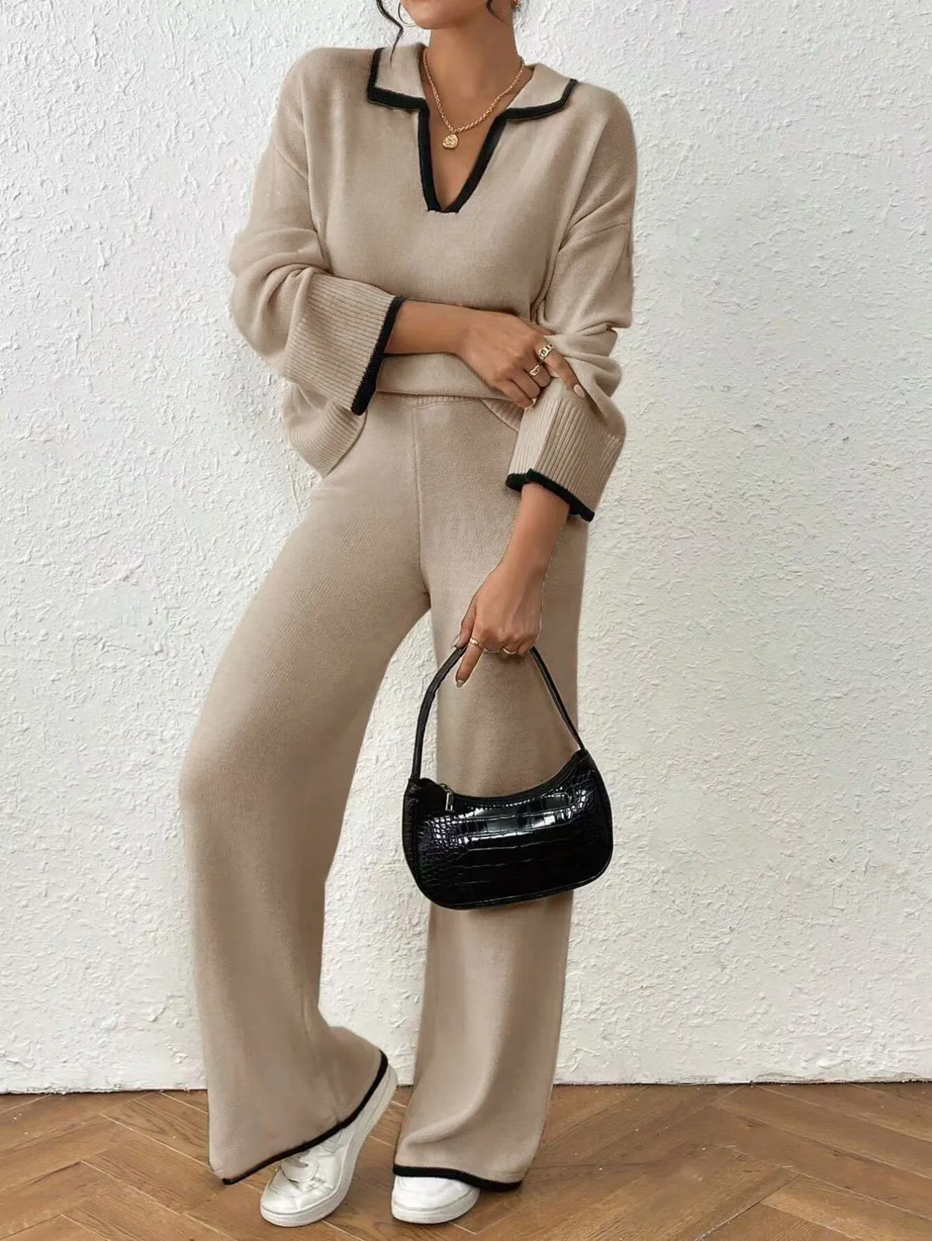 Beige Knit Set with Black Trim and Sneakers — Knit Set Outfits