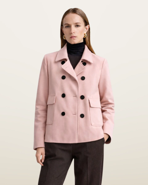Cropped Pink Peacoat Paired with Brown Trousers — Peacoat Outfits