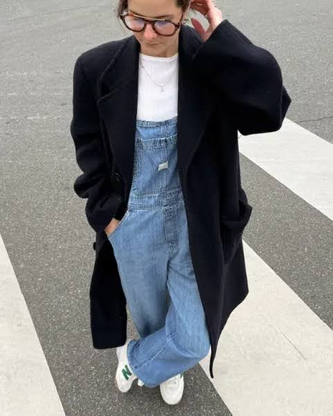 Oversized Wool Coat over Denim Overalls — Baddie Winter Outfits