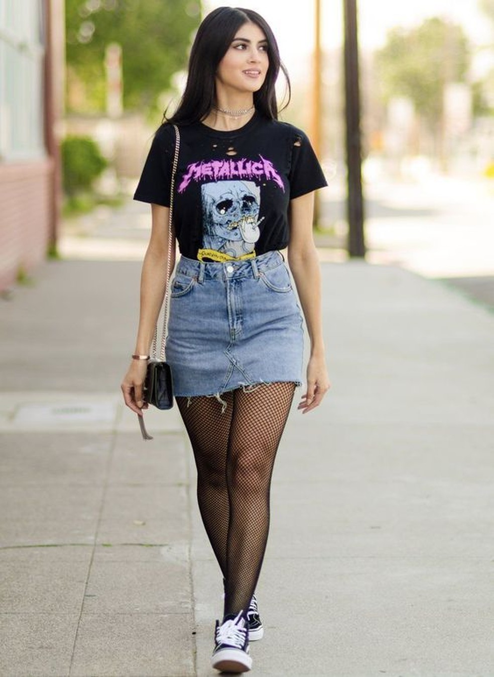 Fishnet Tights with a Graphic Tee and Denim Mini Skirt Fishnet Tights with a Graphic Tee and Denim Mini Skirt — Tights Outfits