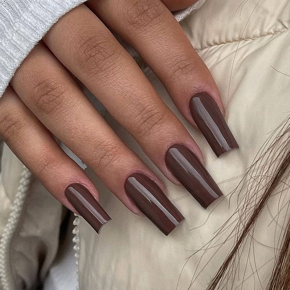 Opaque Deep Brown Glossy Coffin — Medium Length Winter Nails