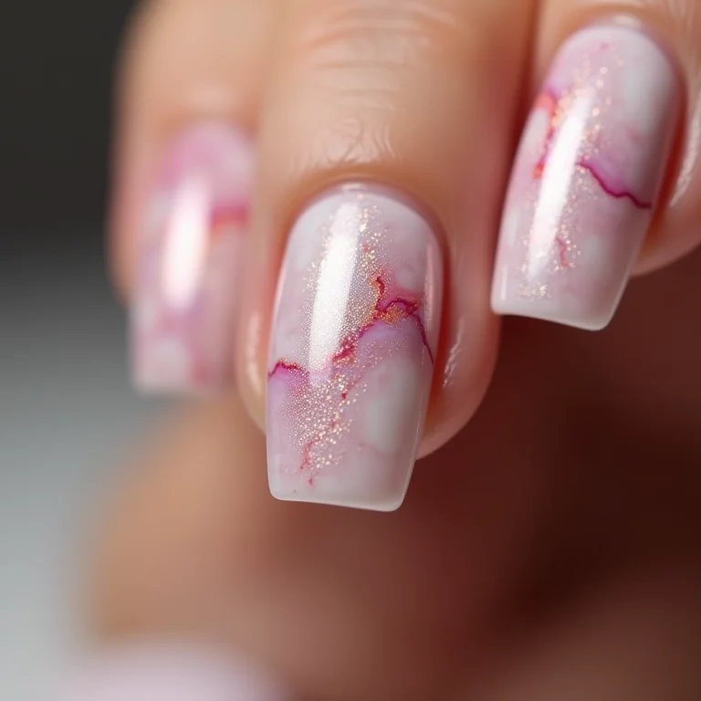 White Marble With Pink Gold Flecks White Marble With Pink Gold Flecks — Simple Winter Nails