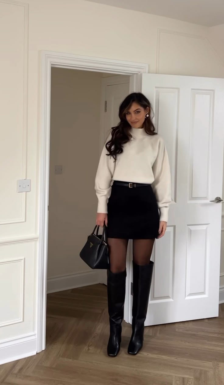 Mock-Neck Sweater and Mini Skirt with Knee-High Boots Mock-Neck Sweater and Mini Skirt with Knee-High Boots — Winter Boots Outfits