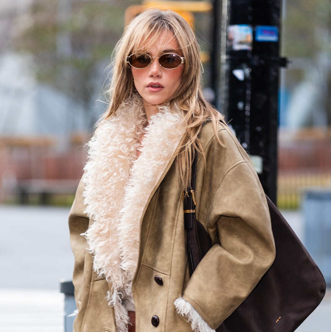 Suede Jacket with Prominent Shearling Collar Detail — Shearling Coat Outfits