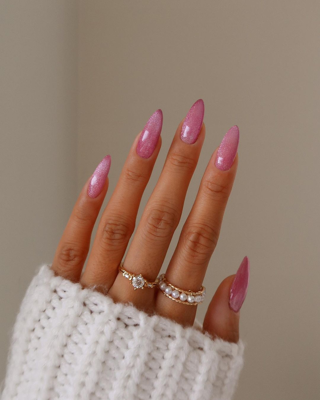 Vibrant Shimmering Pink Stiletto — Winter to Spring Transition Nails