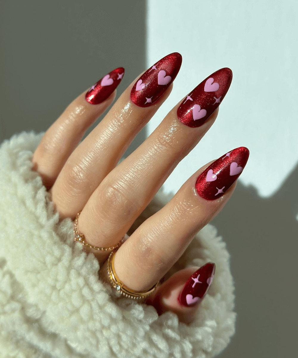 Shimmering Red with Pink Decals Shimmering Red with Pink Decals — Winter Red Nails