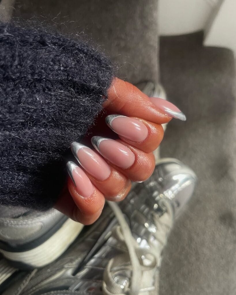 Silver Chrome French on Dark Background — Silver Chrome Nails