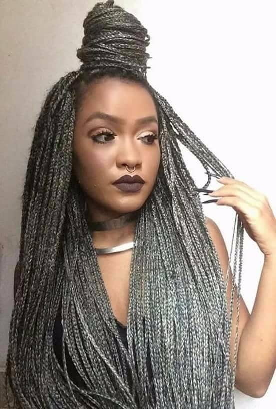 Grey Micro Braids Updo — Winter Braid Colors for Black Women