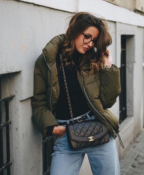 Olive Green Puffer Jacket Over Turtleneck and Straight-Leg Jeans — Winter Puffer Jacket Outfits