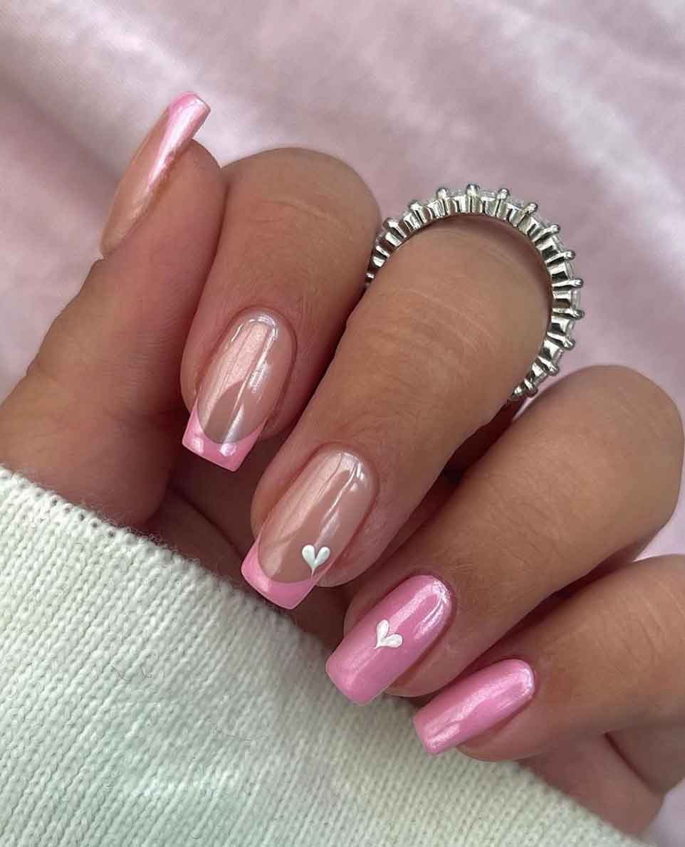 Pink French Tips with White Heart Accents — Winter Pink Nails