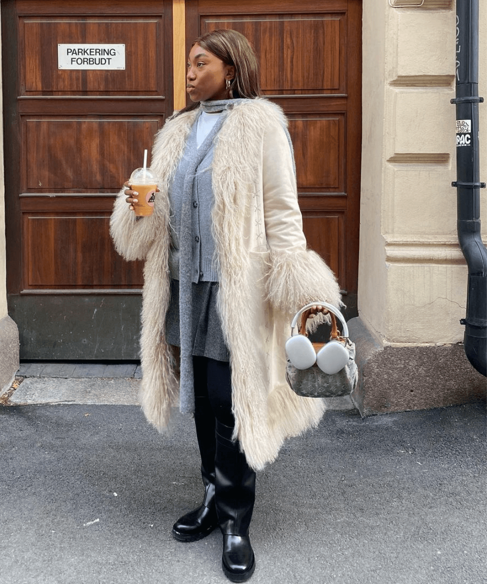 Cream Faux Fur Coat with Fringe Details Cream Faux Fur Coat with Fringe Details — Winter Coats for Women