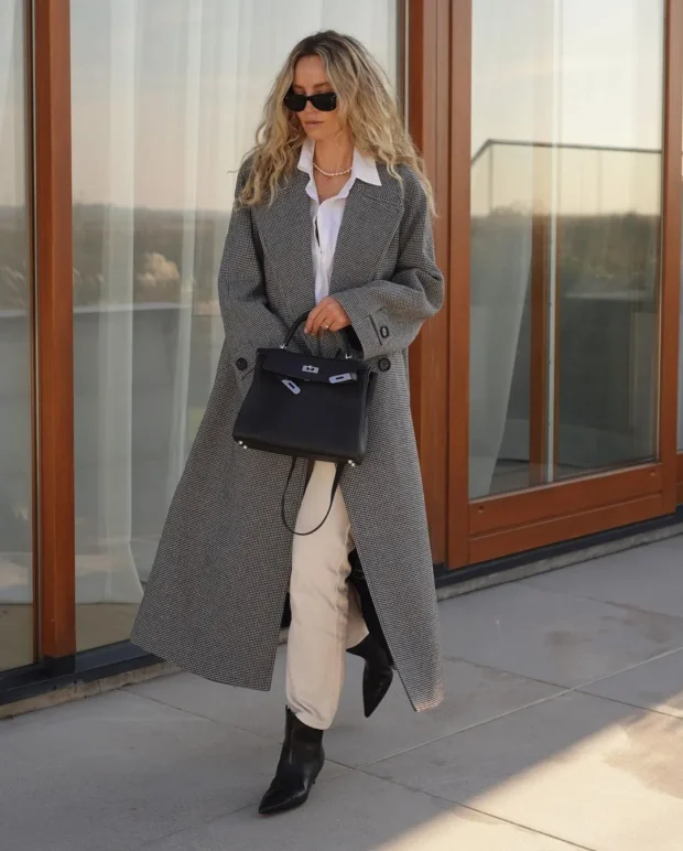 Chic Layering: Joggers, Shirt, and Patterned Coat with Pointed Boots — Ankle Boots Outfits