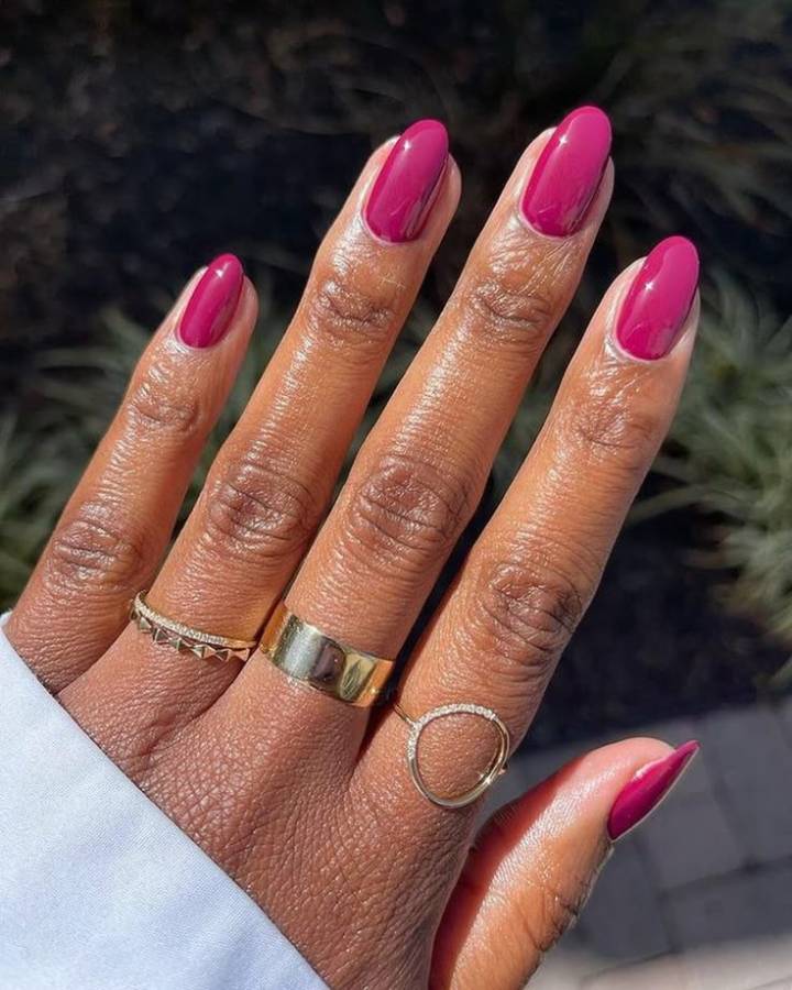 Vibrant Berry Pink Almond Nails — Winter Nail Colors for Dark Skin