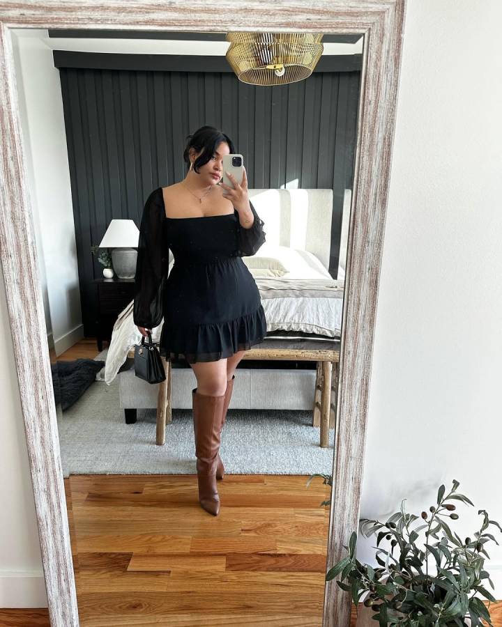 Evening Glamour: Black Mini Dress and Brown Knee-High Boots Brown Boots Outfits