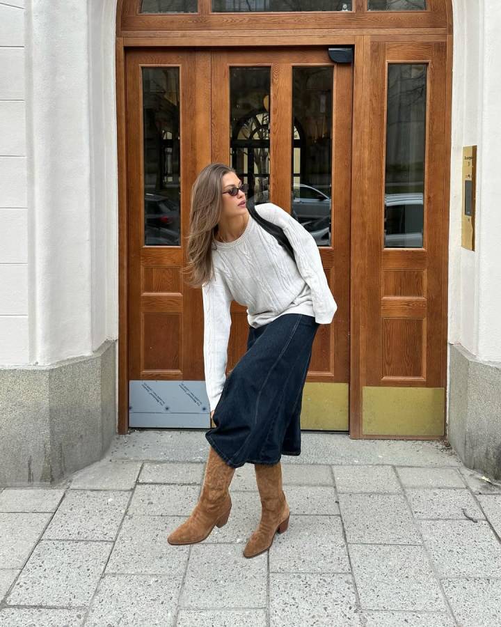 Classic White Cable-Knit Sweater with Denim A-line Skirt Classic White Cable-Knit Sweater with Denim A-line Skirt — Sweater Outfits
