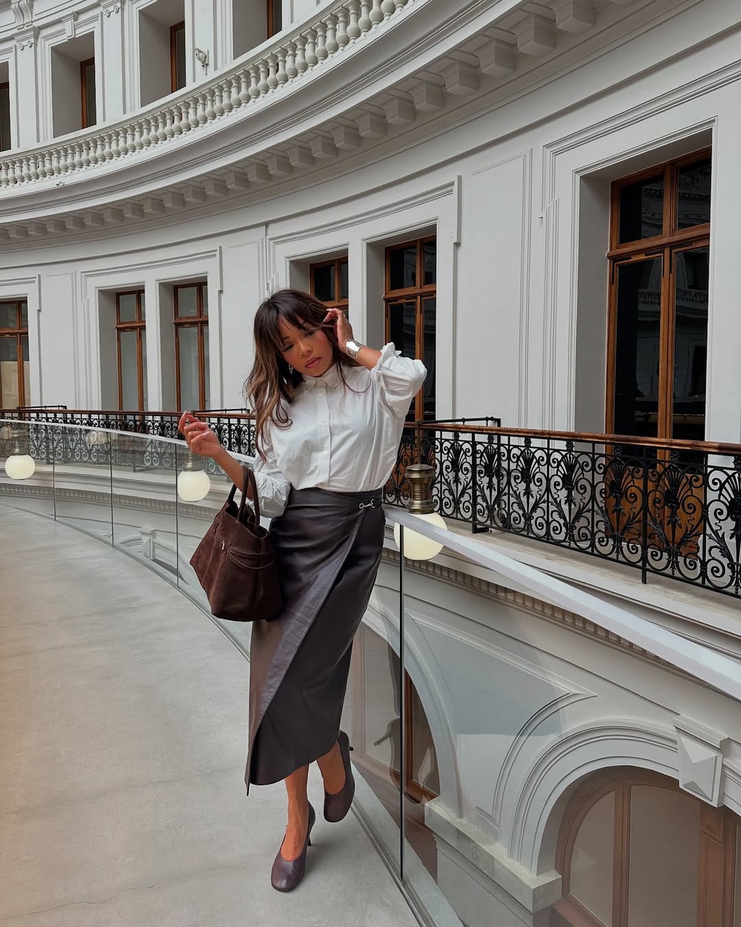 Grey Leather Wrap Midi Skirt with White Button-Down Shirt — Leather Skirt Outfits