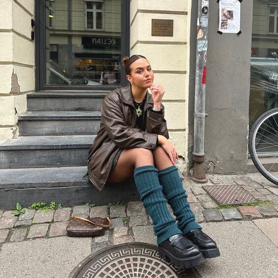 Teal Leg Warmers with Leather Jacket and Platform Loafers — Leg Warmers Outfits