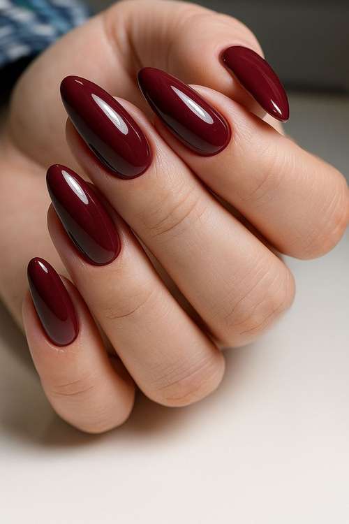 Deep Wine Red Glossy Long Oval Nails Deep Wine Red Glossy Long Oval Nails — Winter Nail Colors