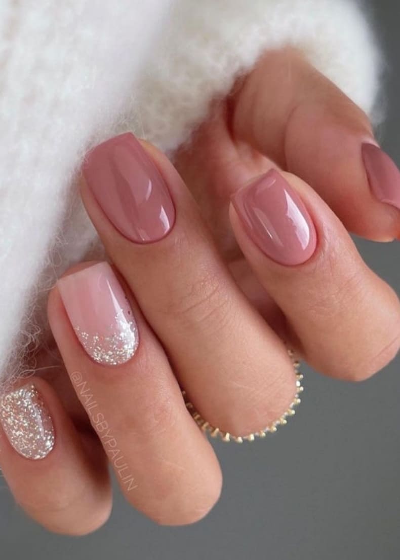 Dusty Rose with Silver Glitter Accents — Short Winter Gel Nails