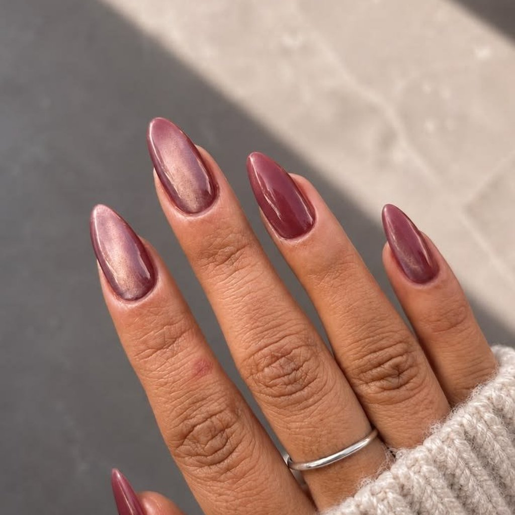 Shimmer Deep Rosewood Medium Stiletto Nails Shimmer Deep Rosewood Medium Stiletto Nails — Winter Nails