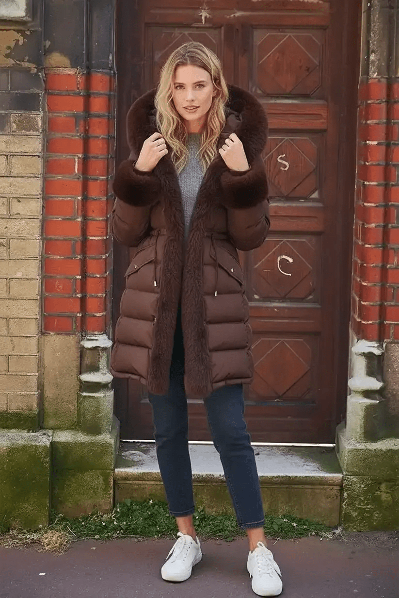 Cozy Winter Style: Brown Puffer Coat with Fur Trim — Brown Coat Outfits